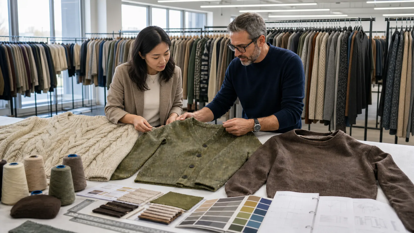 Chinese fashion product developer and knitwear technician reviewing oatmeal cable knitwear, a moss-green cardigan and a fine-gauge brown sweater in a sample room.