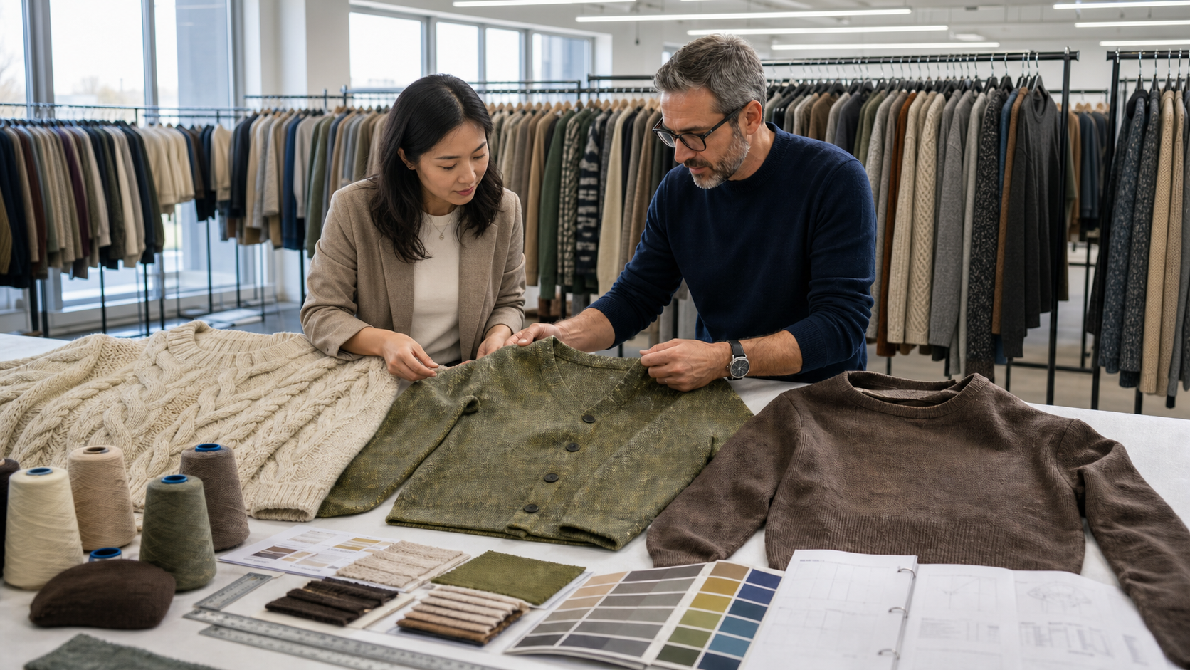 Chinese fashion product developer and knitwear technician reviewing oatmeal cable knitwear, a moss-green cardigan and a fine-gauge brown sweater in a sample room.