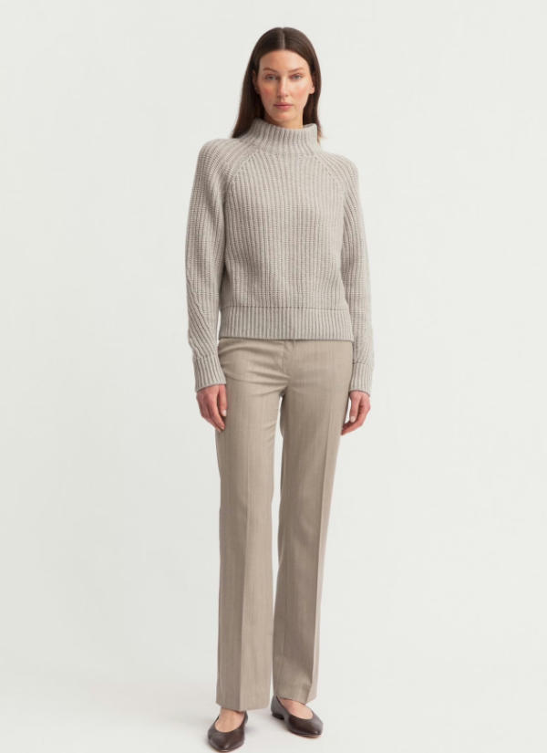 Front full studio fashion shot of light grey 5GG cashmere blend vertical rib mock neck sweater matched with beige straight leg wool trousers, slim ribbed turtleneck minimalist business casual women knit coordinate