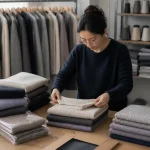Factory inspector checking knit sweater samples, BSCI certified custom knitwear manufacturer, premium wool and cashmere sweaters