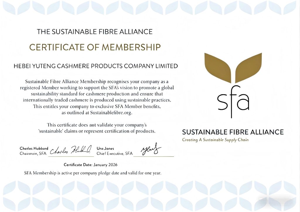 Sustainable Fibre Alliance (SFA) membership certificate for Hebei Yuteng Cashmere Products Company Limited, promoting sustainable cashmere production standards