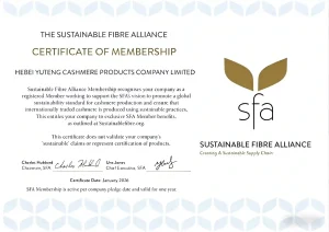 Sustainable Fibre Alliance (SFA) membership certificate for Hebei Yuteng Cashmere Products Company Limited, promoting sustainable cashmere production standards