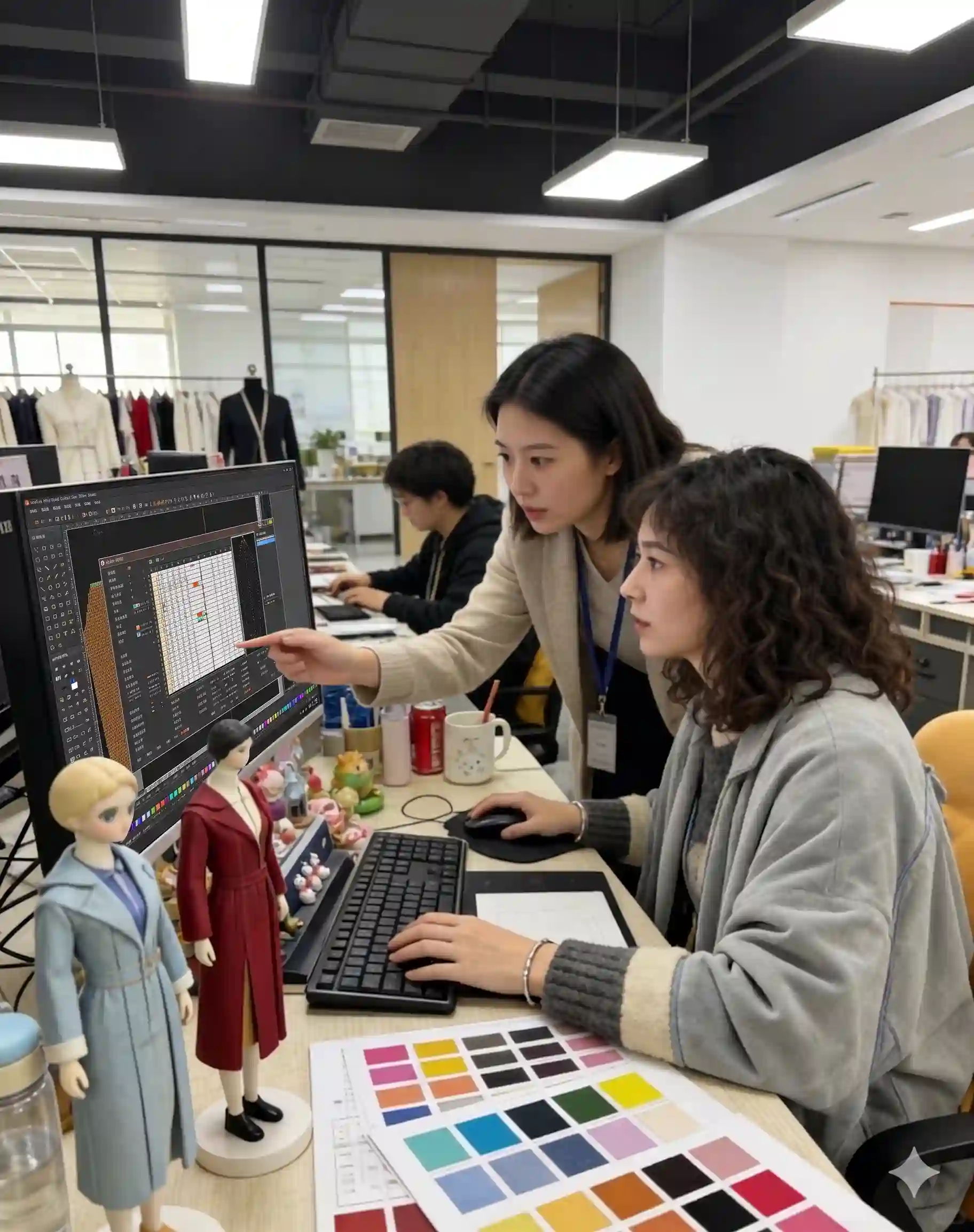 Design team office real shot, designers select knitwear color palette on CAD system, fashion doll samples & color swatch cards, custom sweater color matching & pattern design workflow photo