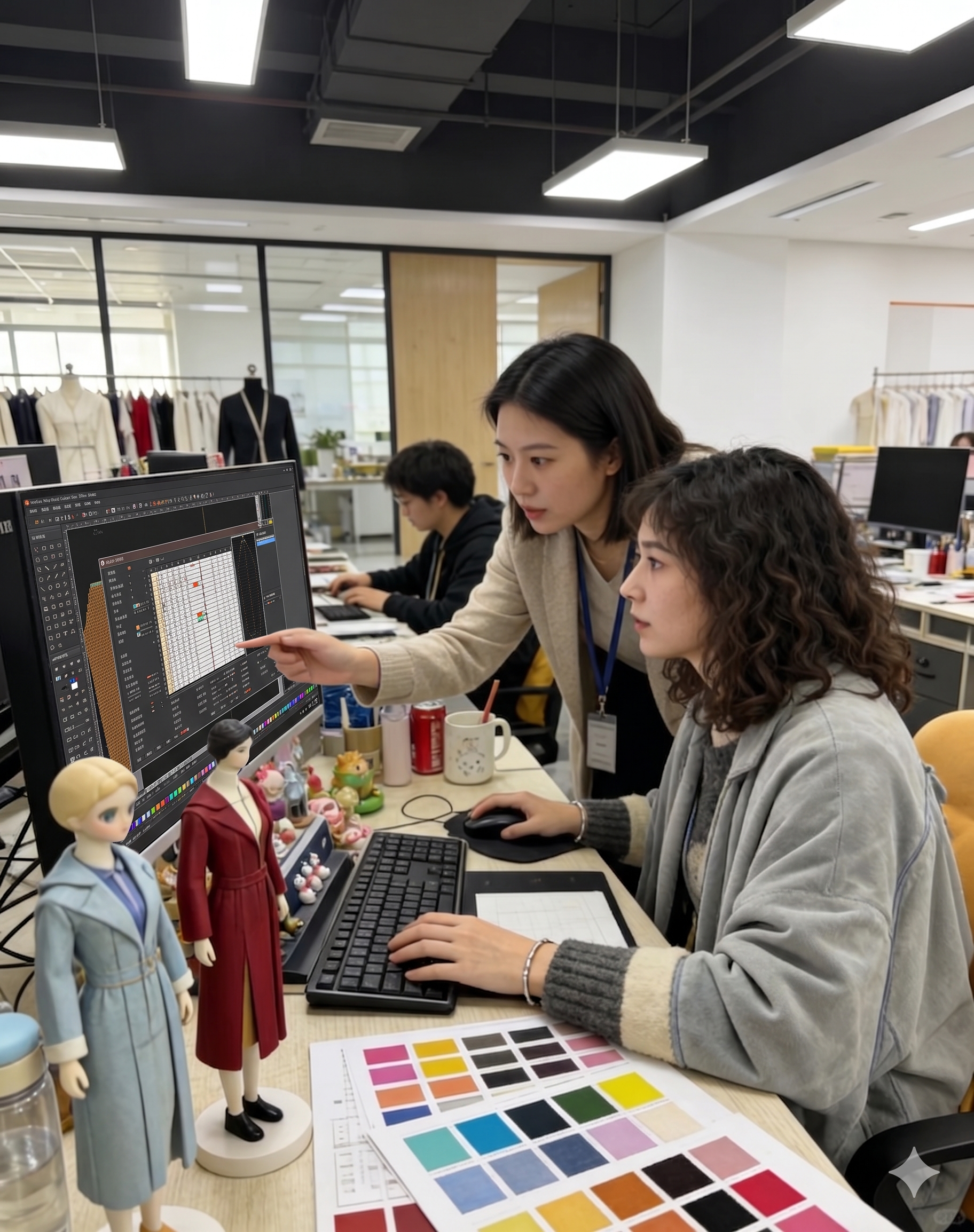 Design team office real shot, designers select knitwear color palette on CAD system, fashion doll samples & color swatch cards, custom sweater color matching & pattern design workflow photo