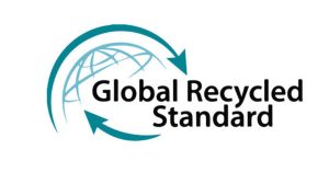 GRS Global Recycled Standard official logo, teal circular recycle arrow globe graphic, recycled fiber textile sustainability certification mark white background vector