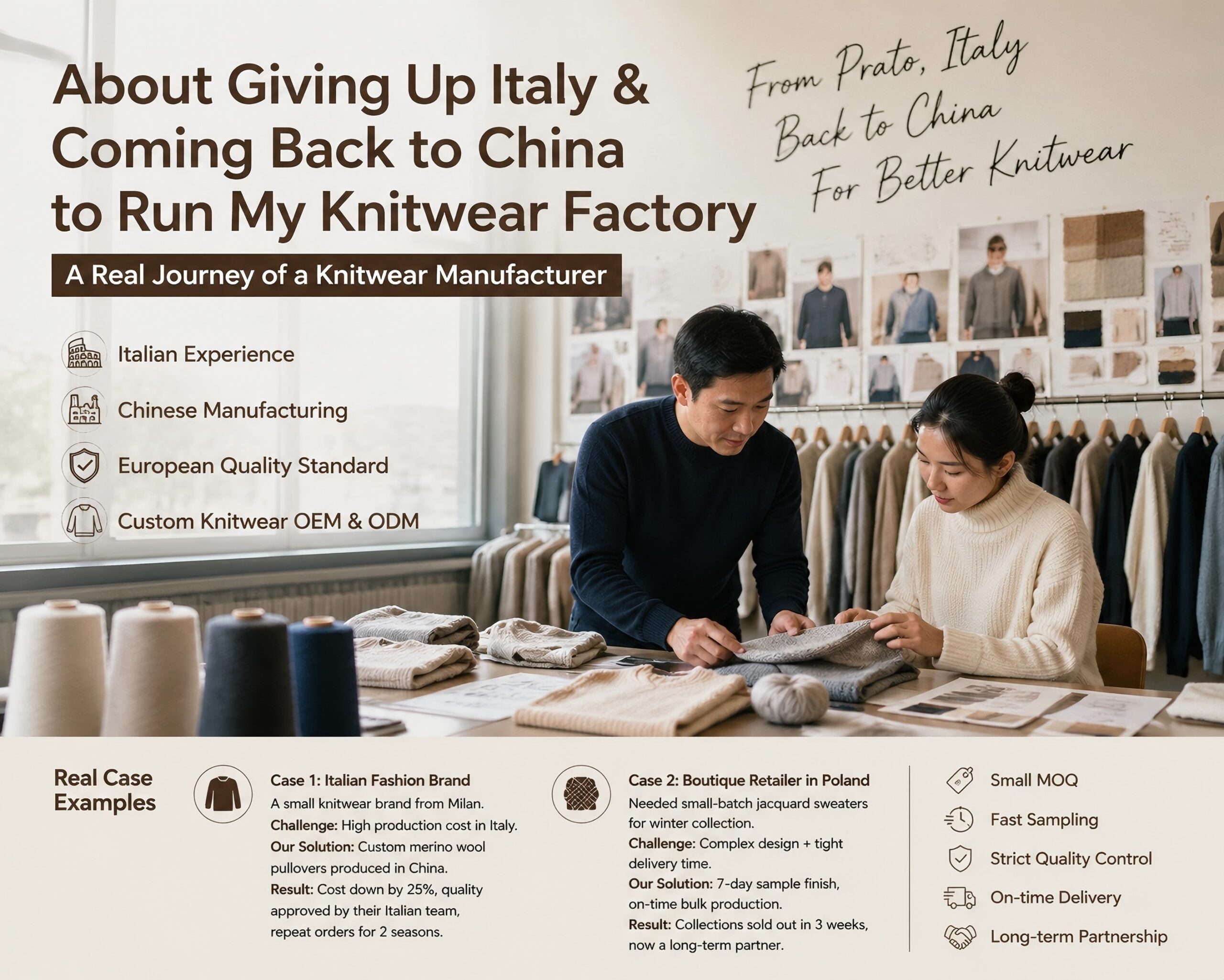 Business infographic about a knitwear manufacturer’s journey: leaving Italy to build a premium factory in China, highlighting European quality standards, OEM/ODM services, and client success cases.