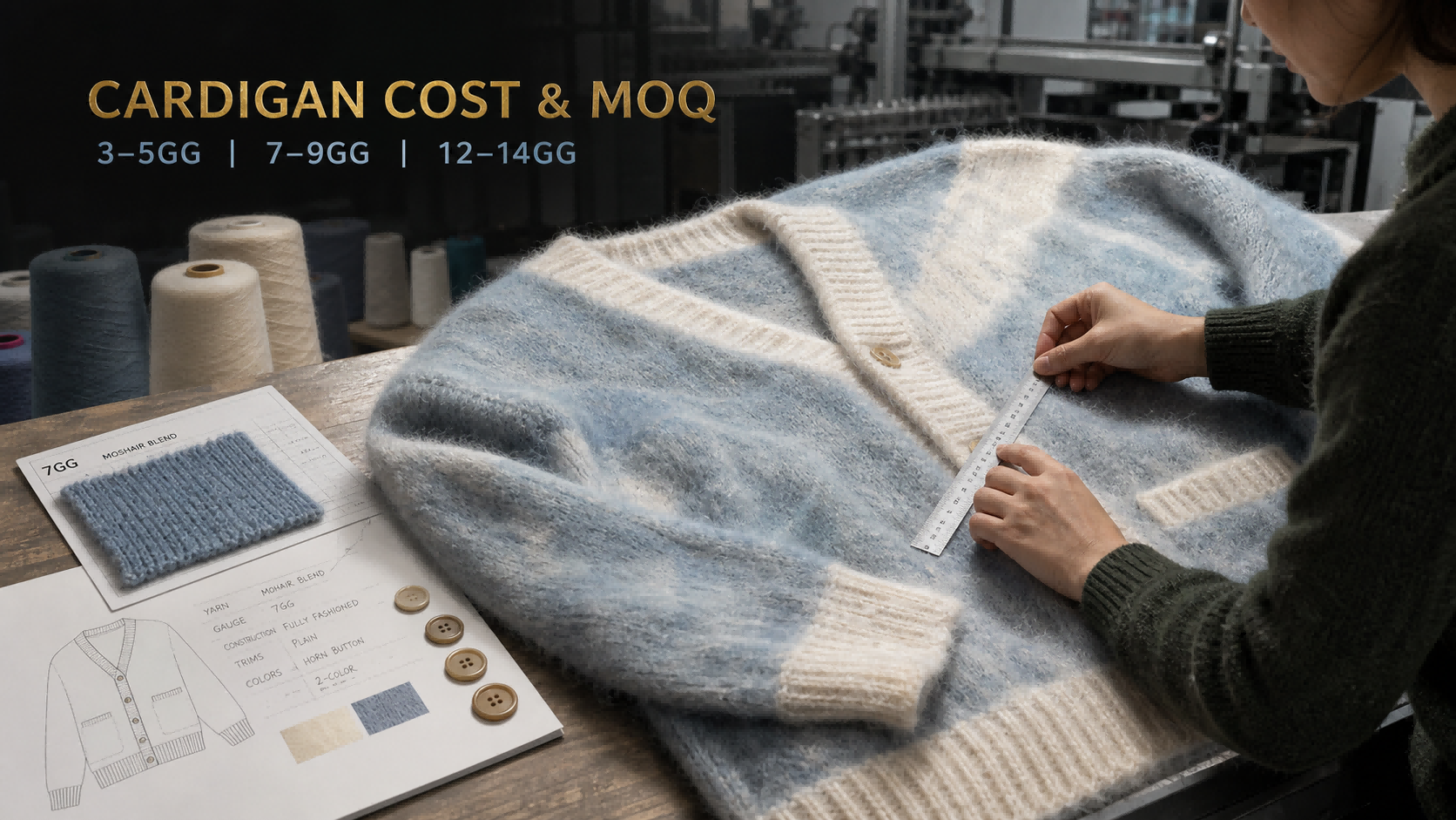 Mohair cardigan undergoing gauge, placket, button and ribbing specification review for custom manufacturing cost and MOQ planning