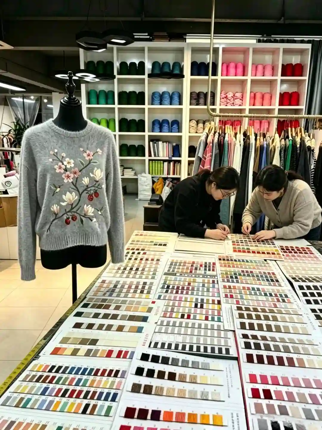 Real knitwear design showroom photo, designers matching yarn color swatch cards, embroidered sample sweater on mannequin, full color matching & custom design service display