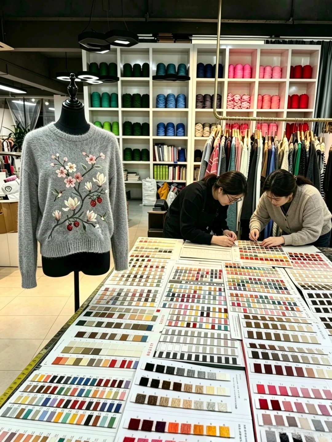 Real knitwear design showroom photo, designers matching yarn color swatch cards, embroidered sample sweater on mannequin, full color matching & custom design service display