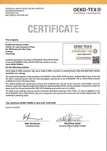 OEKO-TEX Standard 100 certificate for M.ORO International Limited, confirming safety of 100% cashmere and wool/cashmere yarns