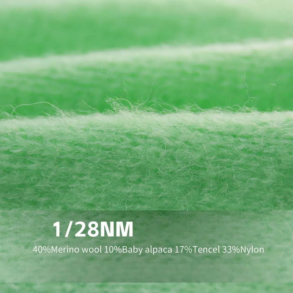 Close-up texture photo of 1/28NM merino wool baby alpaca Tencel nylon blended knit fabric, light green soft yarn swatch for premium knit sweater custom production