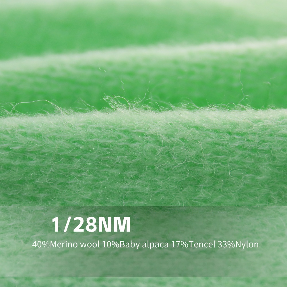 Close-up texture photo of 1/28NM merino wool baby alpaca Tencel nylon blended knit fabric, light green soft yarn swatch for premium knit sweater custom production