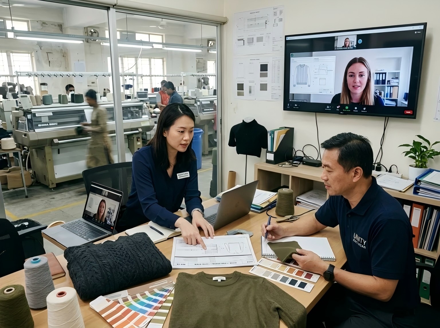 Knitwear OEM design team collaborating with European clients via video call, reviewing cashmere sweater tech packs in a factory studio