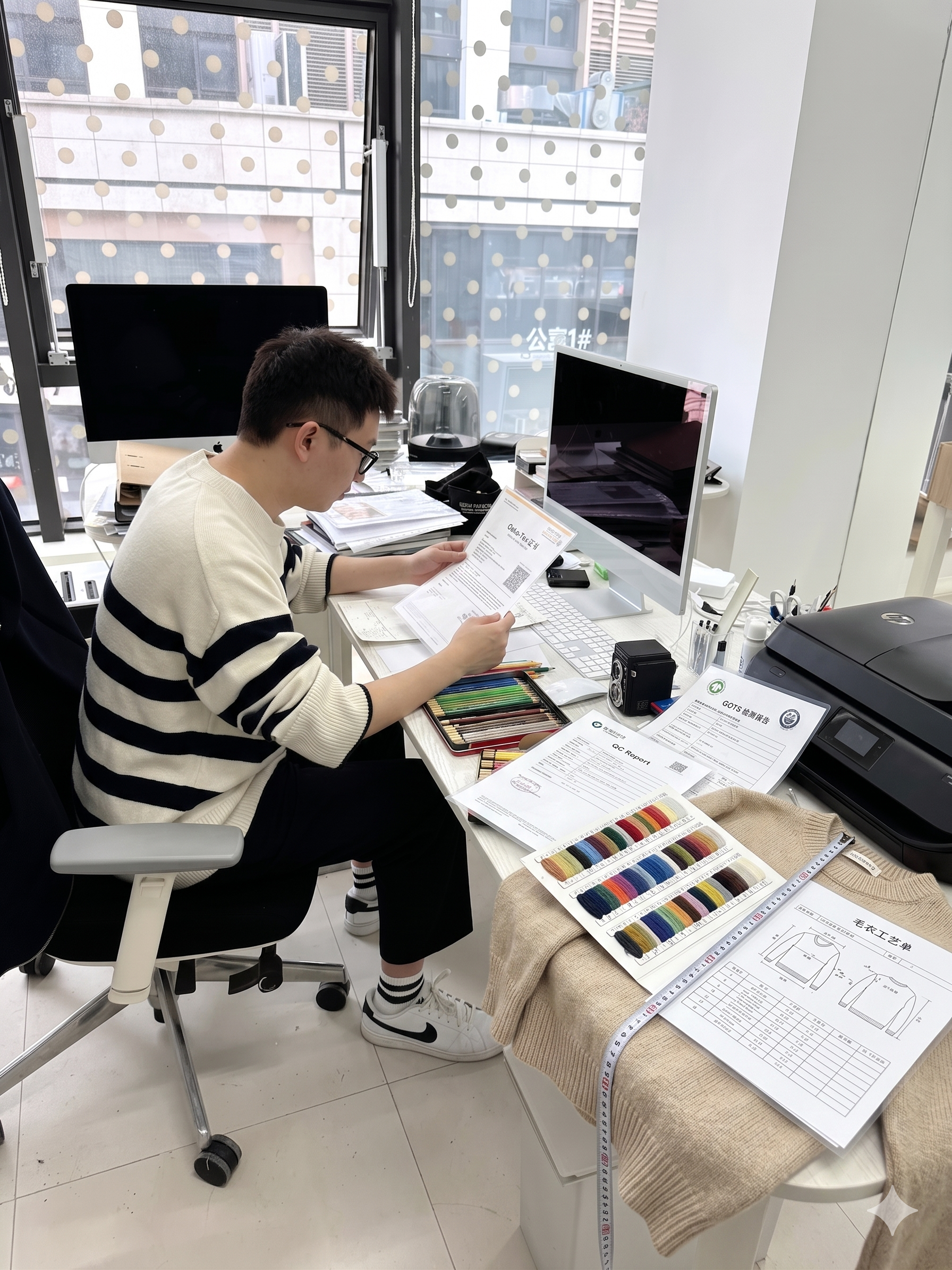 Real office shot of merchandiser reviewing OEM sweater tech pack, yarn color card, size spec sheet and GOTS certification, custom knitwear design & development workflow photo