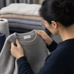 Textile inspector checking grey knit sweater, premium Prato Italy style knitwear quality control