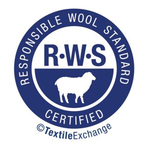 RWS Responsible Wool Standard certified circular logo, navy blue sheep certification mark from Textile Exchange, sustainable wool textile standard badge transparent white background