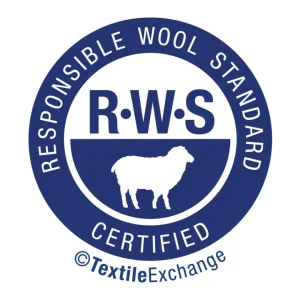 RWS Responsible Wool Standard certified circular logo, navy blue sheep certification mark from Textile Exchange, sustainable wool textile standard badge transparent white background