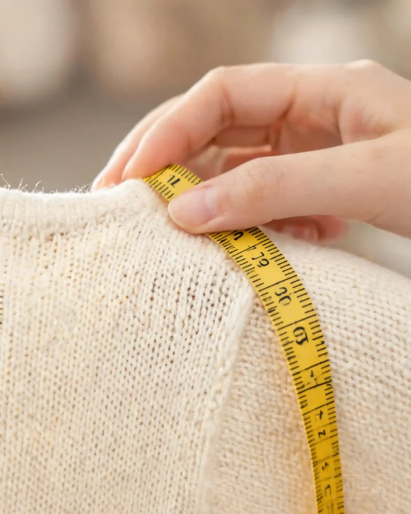 Hand measuring knitwear sample with measuring tape, knitwear sample approval for OEM custom knitting