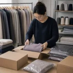 Designer inspecting finished knit sweaters before packing, guide on how to submit tech pack to knitwear factory