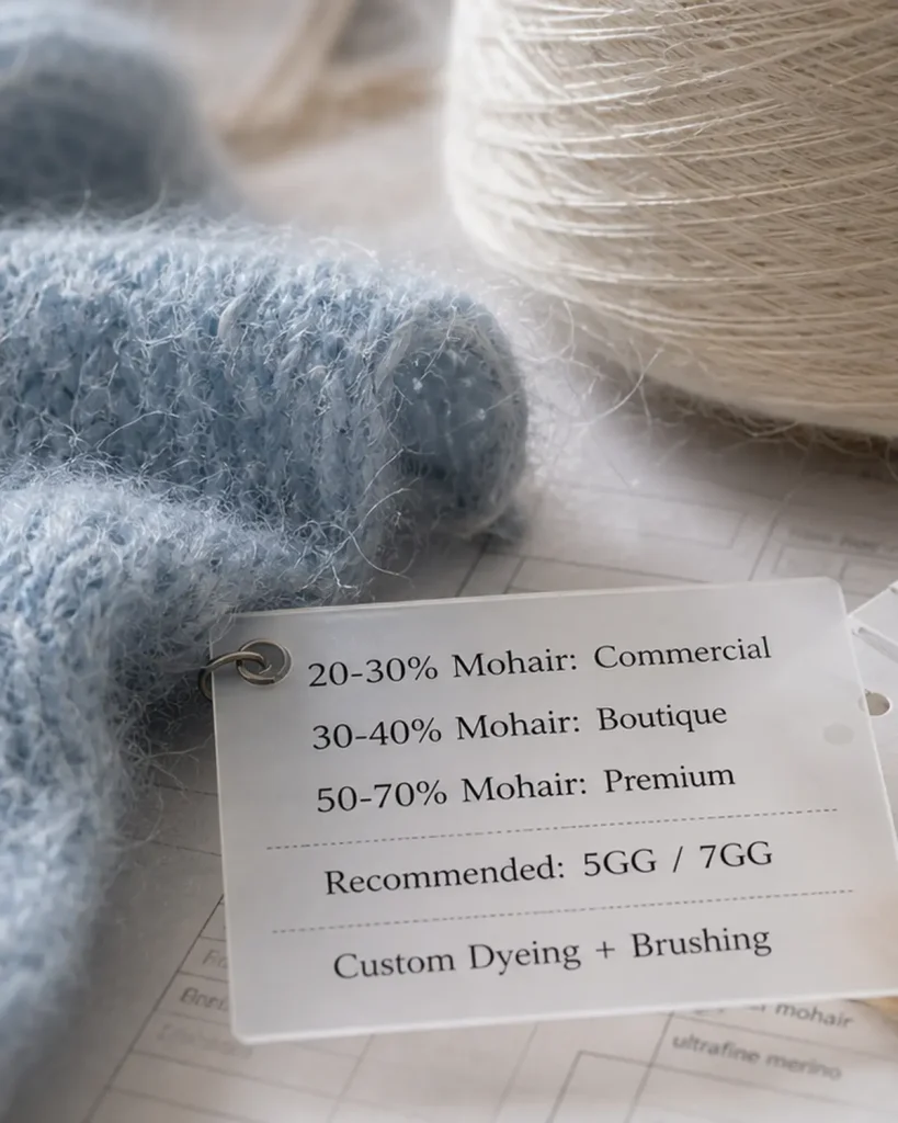 Mohair knit fabric swatch with yarn specification tag, yarn and color feasibility for custom mohair knitwear OEM