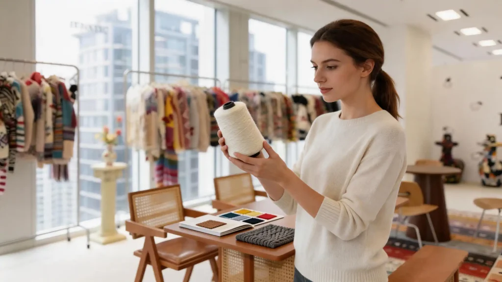 European fashion buyer examining a cone of white cashmere yarn in bright knitwear design studio, clothing racks and fabric color swatches on table.