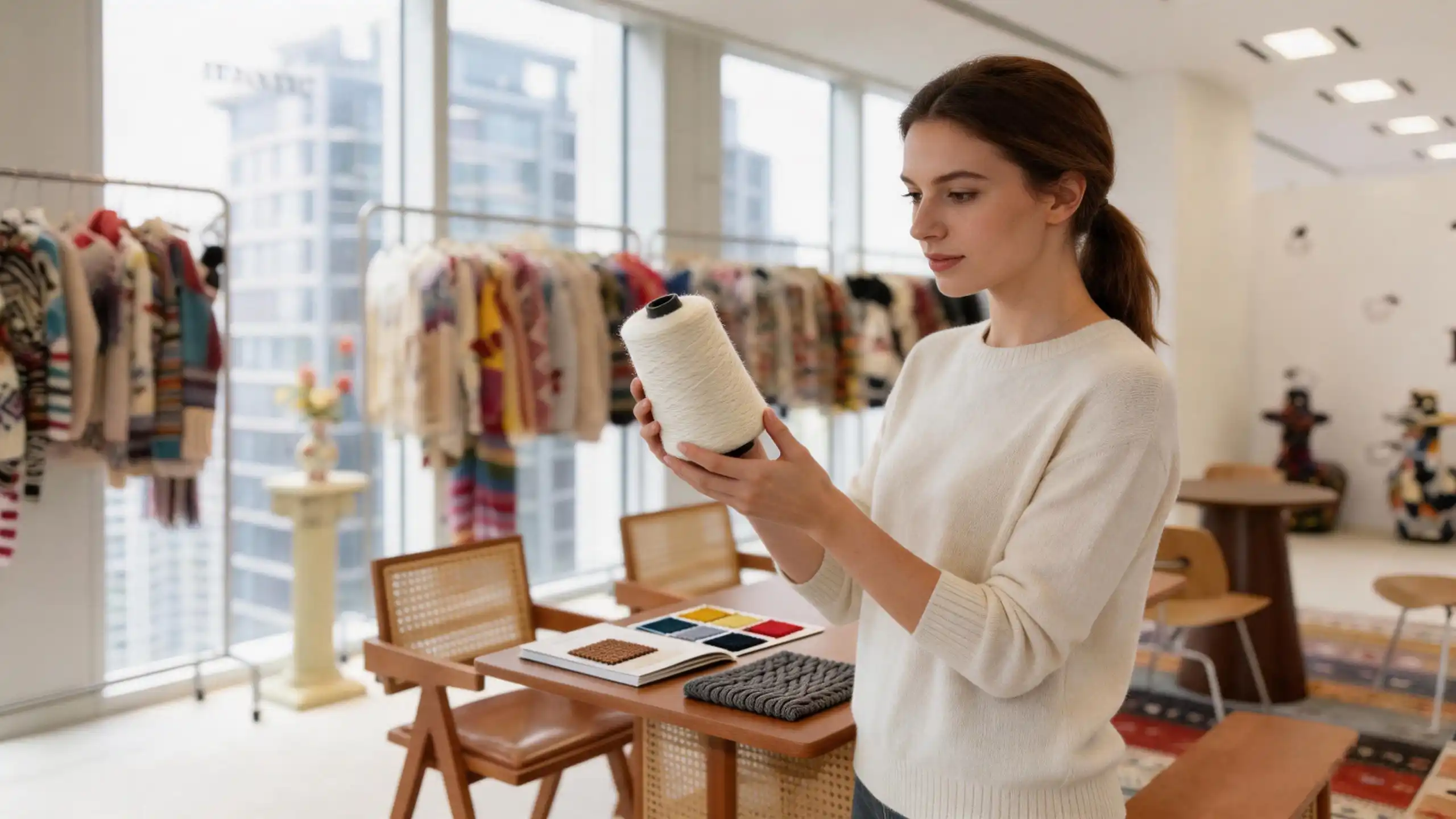 European fashion buyer examining a cone of white cashmere yarn in bright knitwear design studio, clothing racks and fabric color swatches on table.
