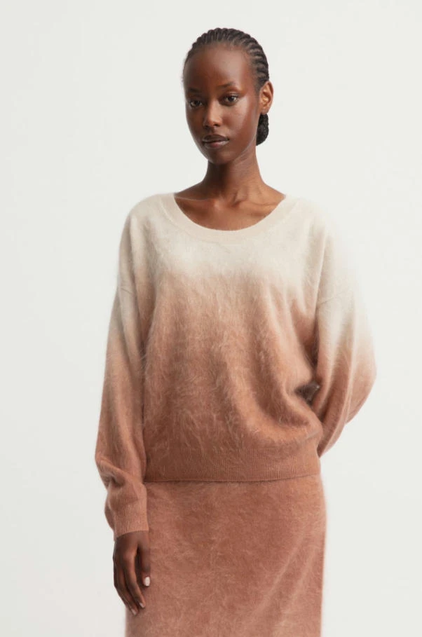 Full studio matching set look of gradient dip-dye brushed cashmere crew neck sweater & midi skirt, peach ombre fuzzy halo cashmere two-piece knit set, minimalist warm tone women autumn knit coordinate