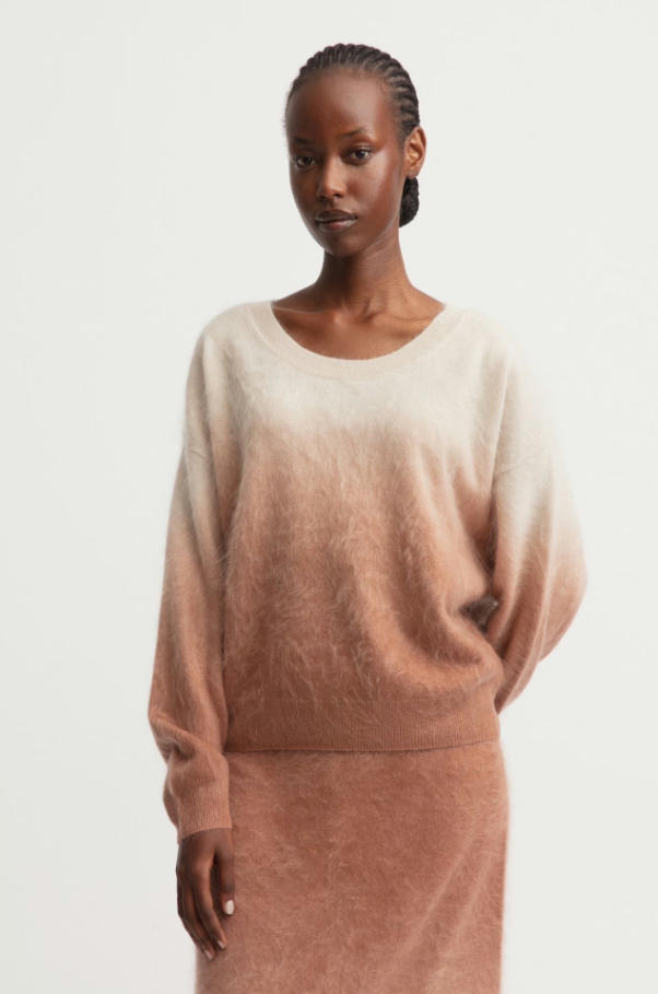 Full studio matching set look of gradient dip-dye brushed cashmere crew neck sweater & midi skirt, peach ombre fuzzy halo cashmere two-piece knit set, minimalist warm tone women autumn knit coordinate