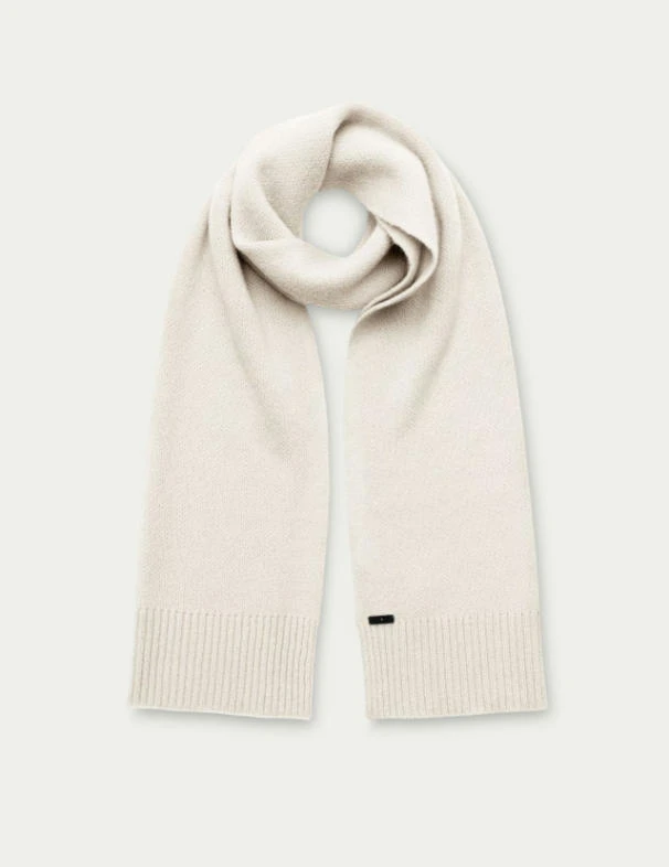 Flat lay product shot of off-white cashmere silk ribbed knit scarf, minimalist solid tone luxury winter neck warmer, rib hem cashmere silk blend knit accessory