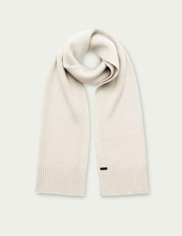 Flat lay product shot of off-white cashmere silk ribbed knit scarf, minimalist solid tone luxury winter neck warmer, rib hem cashmere silk blend knit accessory