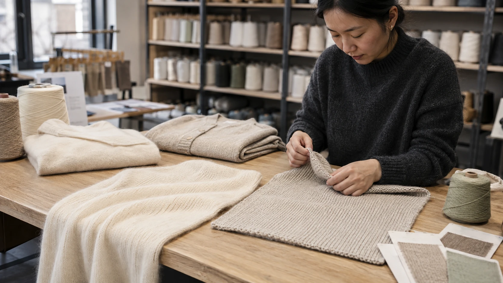 Technician comparing soft ivory and structured oatmeal knit swatches on a yarn-development table.