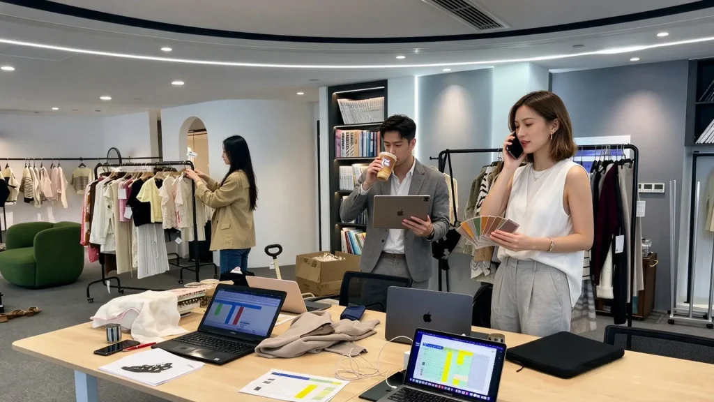 China knitwear factory direct sourcing review: checking knitwear samples, color swatches and order plans in a design studio