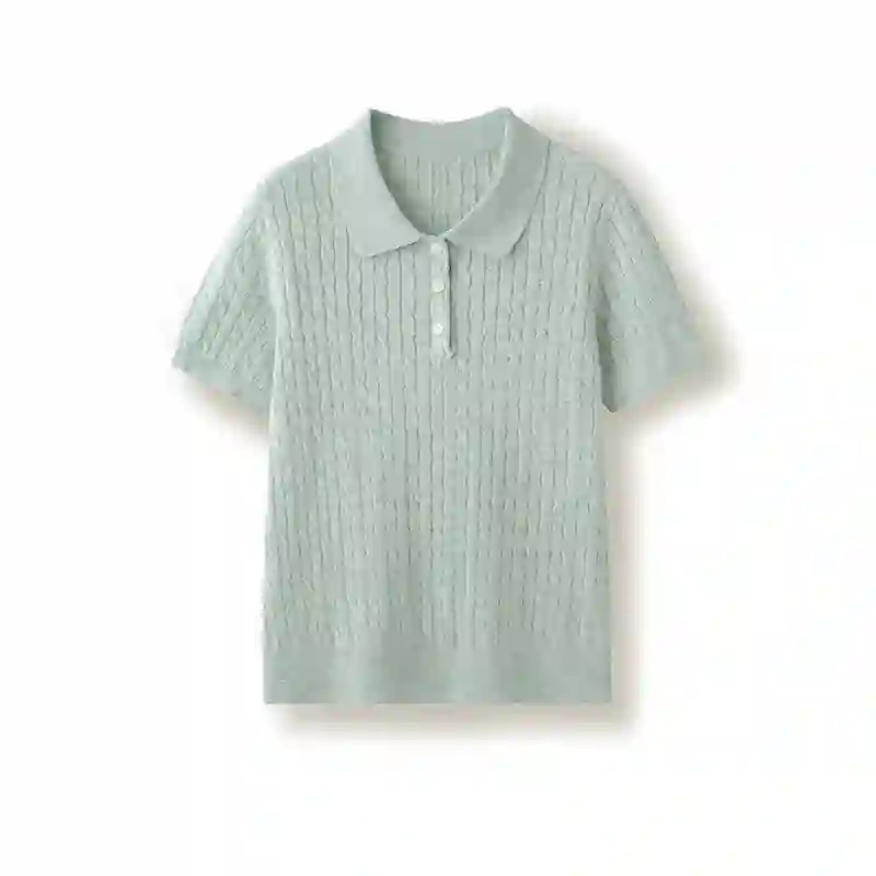 Light green cable knit short sleeve polo sweater for women, custom knitwear OEM from China knitwear manufacturer