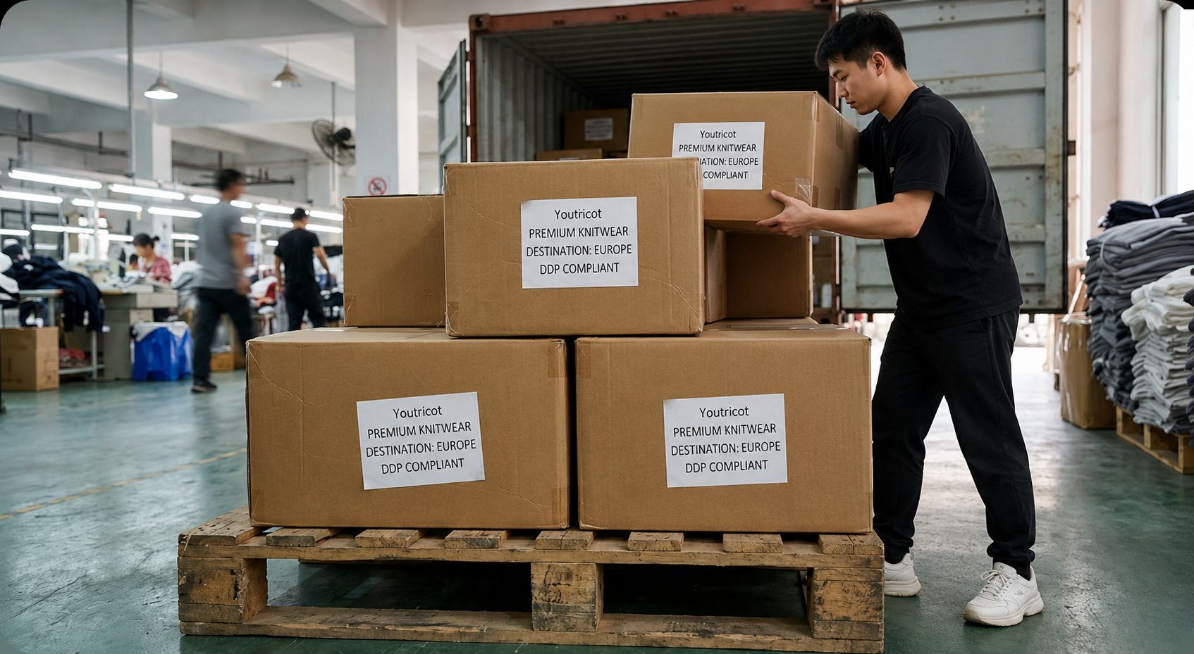 Warehouse shipping real shot, worker loading labeled knitwear cartons onto container, complete private label knitwear one-stop service with DDP delivery to Europe