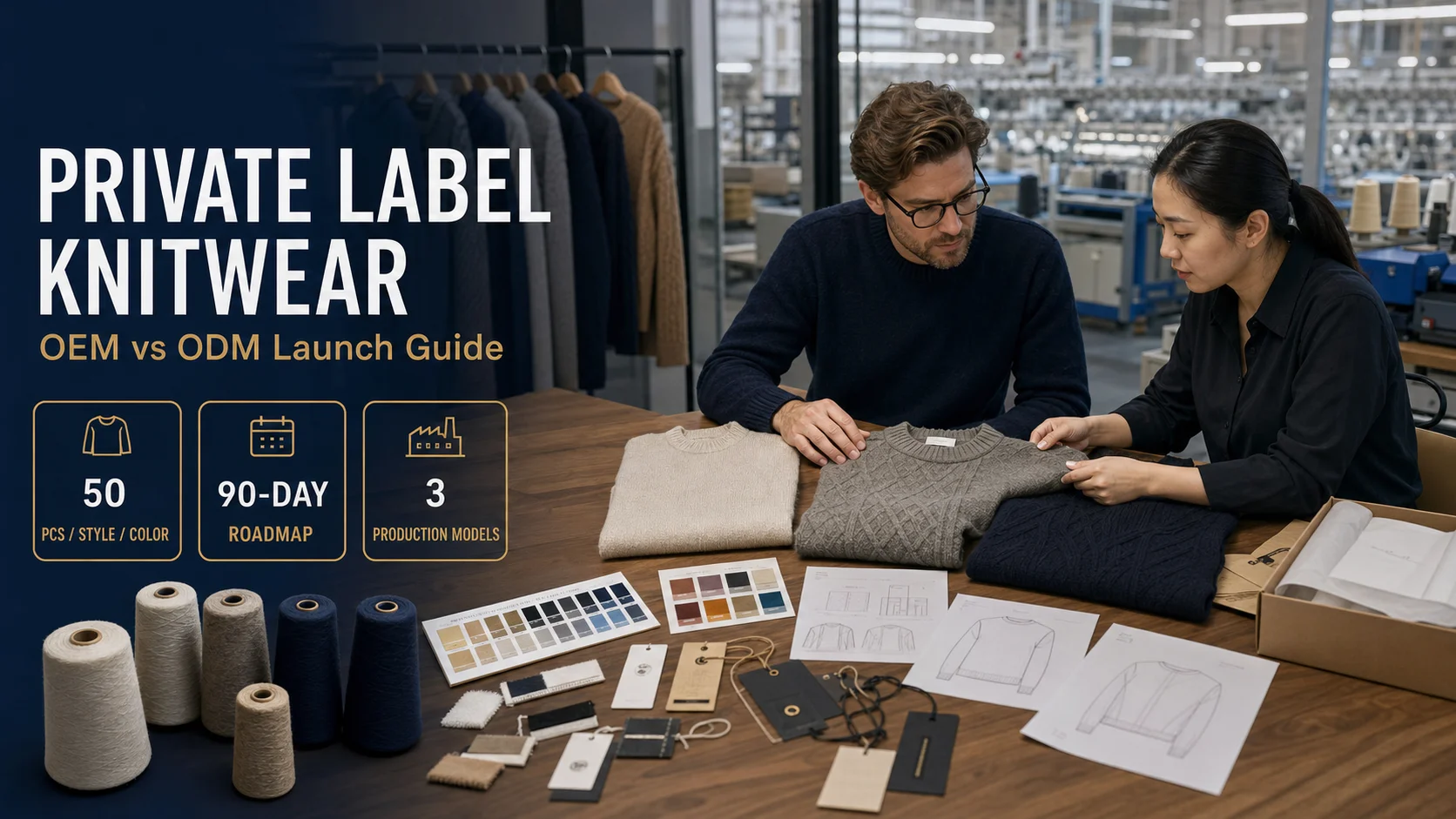 Private label knitwear sourcing meeting comparing OEM and ODM sweater production models