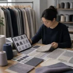Factory inspector checking knit sweater samples, BSCI certified custom knitwear manufacturer, premium wool and cashmere sweaters