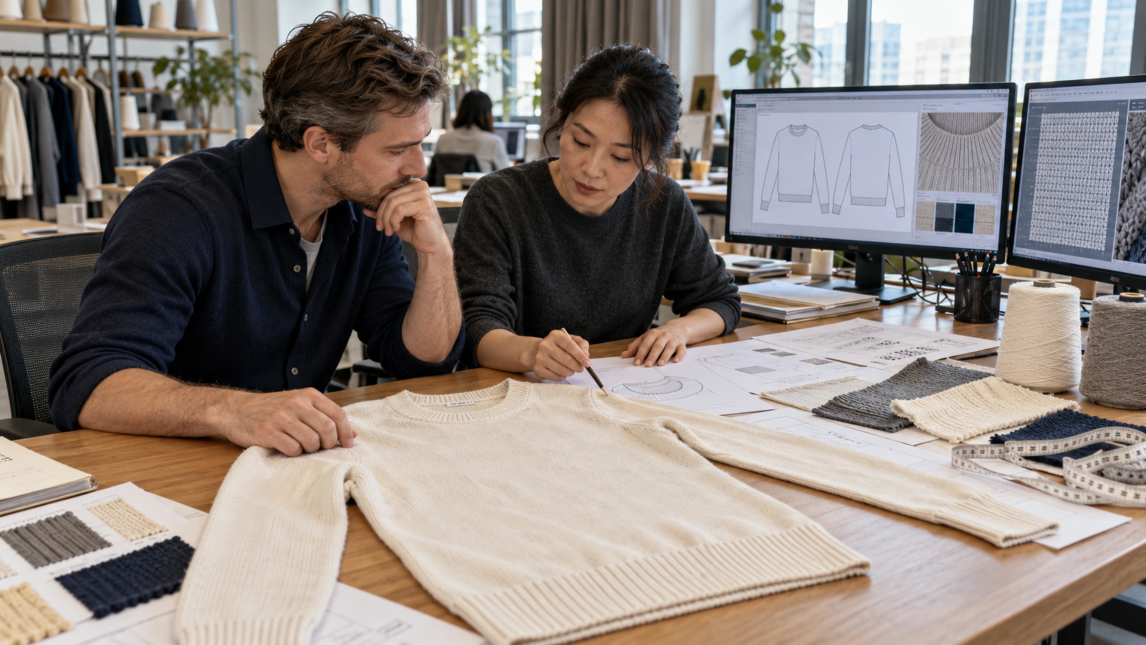 Fashion-brand client and Chinese knitwear technologist reviewing an adult sweater sample and pattern-making details.