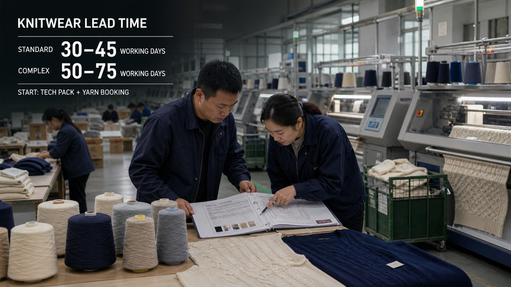 Knitwear production lead time comparison showing standard and complex timelines from tech pack approval and yarn booking