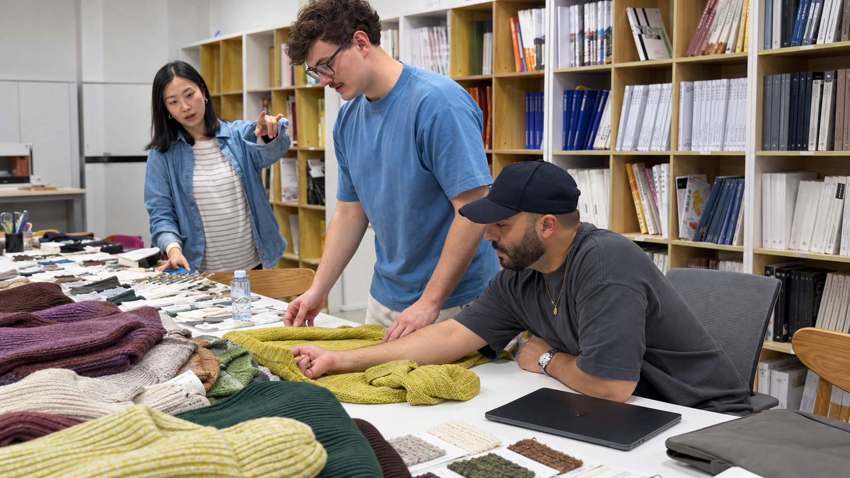 Three people reviewing a yellow-green sweater sample alongside knitted swatches in a sample room.