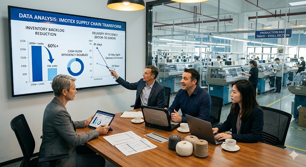 Premium knitwear OEM supply chain optimization meeting at modern factory, data analysis on inventory reduction and delivery efficiency, with Stoll knitting machines production floor background - high-quality custom knitwear manufacturing