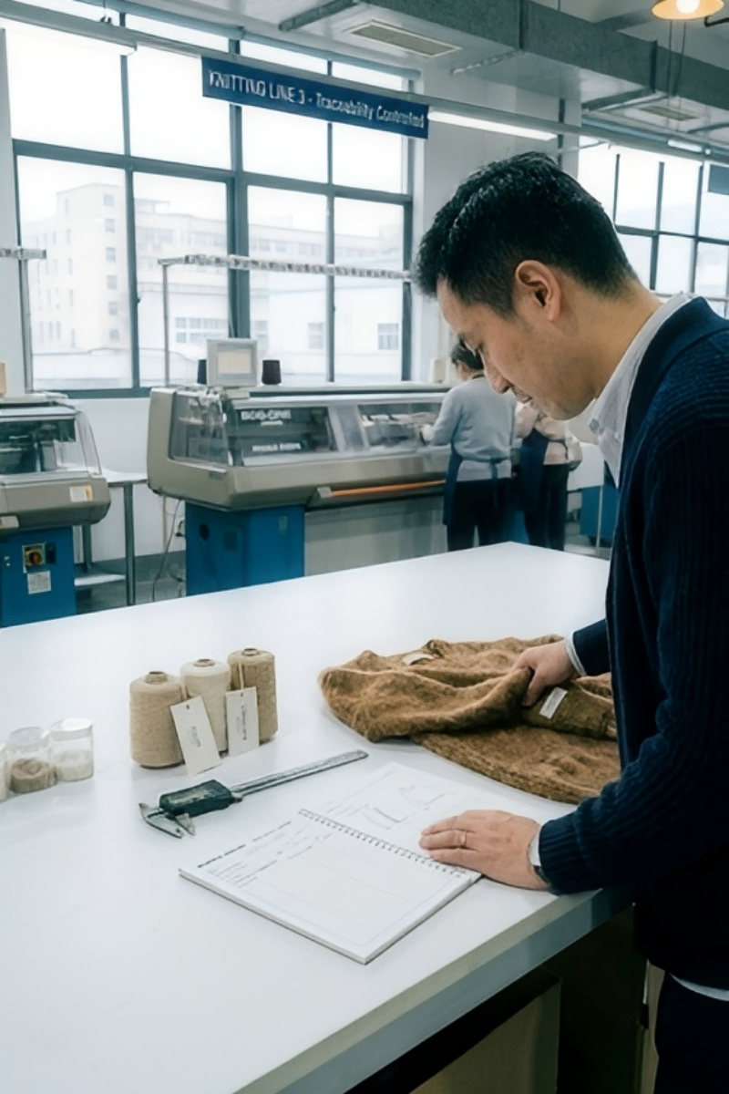 Factory supervisor inspects premium alpaca knit sample against tech pack & yarn swatches on workstation, high-end knit OEM quality control & traceable production workshop photo