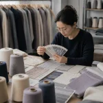 Knitwear designer reviews color swatches and yarn cones, exploring how much it costs to manufacture a custom sweater