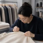 Craftswoman inspecting neckline details of cream knit vest, quality control for custom sweater vest OEM