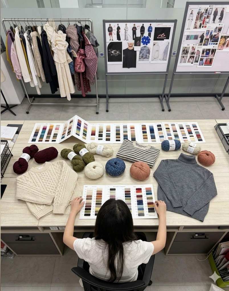 Top-down shot of knitwear design workstation with yarn color charts, raw yarn cones & sample sweaters, designer matching fabric shades for custom knit development
