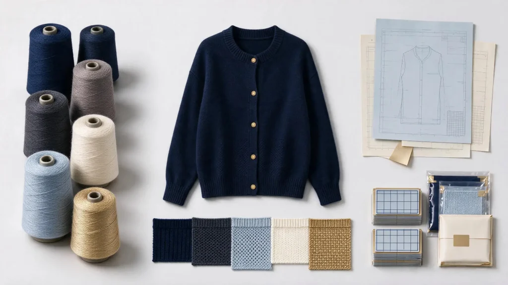 Navy cardigan with yarn cones, knitted swatches and technical specification sheets for knitwear bulk order planning
