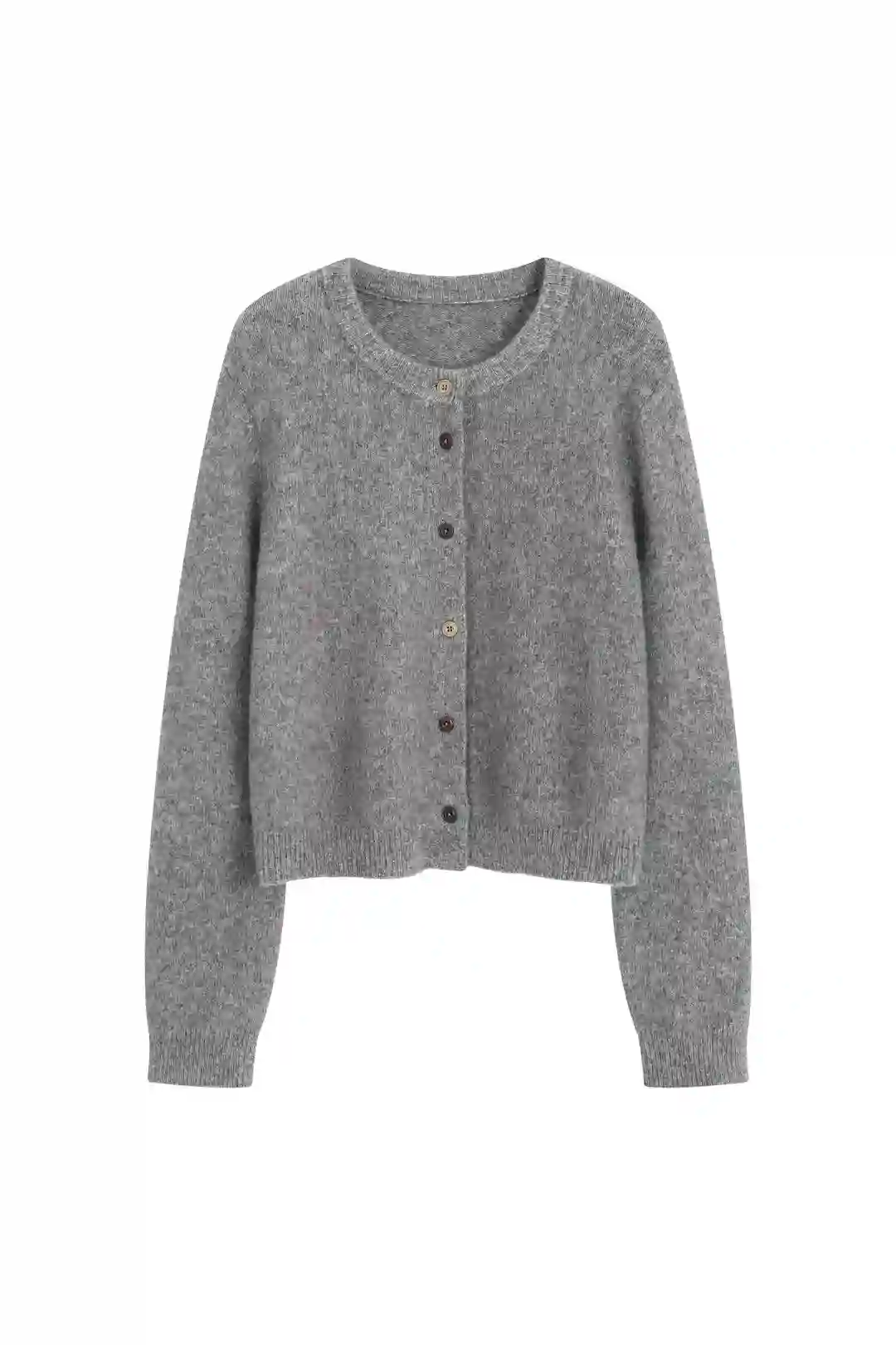 Heather grey round neck knit cardigan sample, custom knitwear factory OEM production
