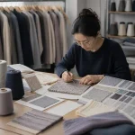 Designer reviews knit fabric swatch cards, whole garment seamless knitting sample selection for luxury knitwear OEM