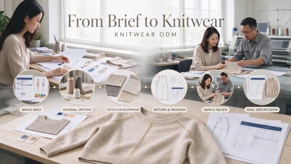 Illustrated knitwear ODM manufacturer workflow showing brand briefs, yarn options, stitch swatches, pattern development, sample review and final specifications.