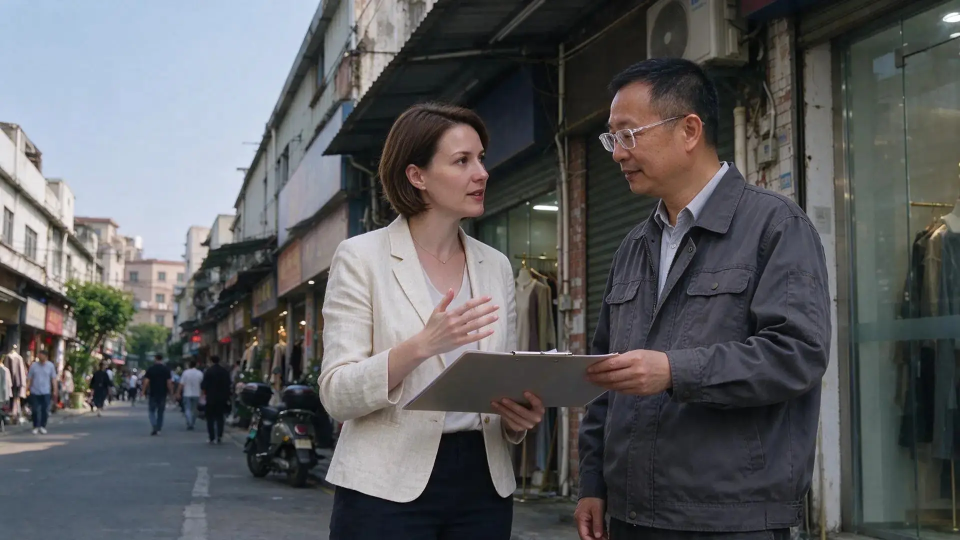 Brand product developer and knitwear technician discussing sample approval on a Dalang, Dongguan street