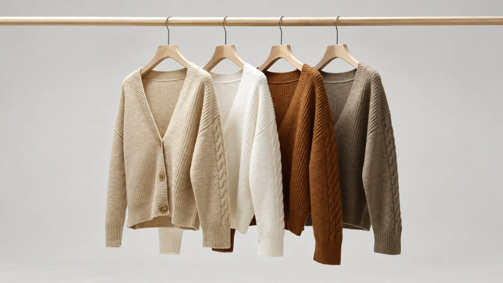 Four knitted cardigans in cream, white, rust brown and taupe hanging on wooden hangers from a clothing rail.